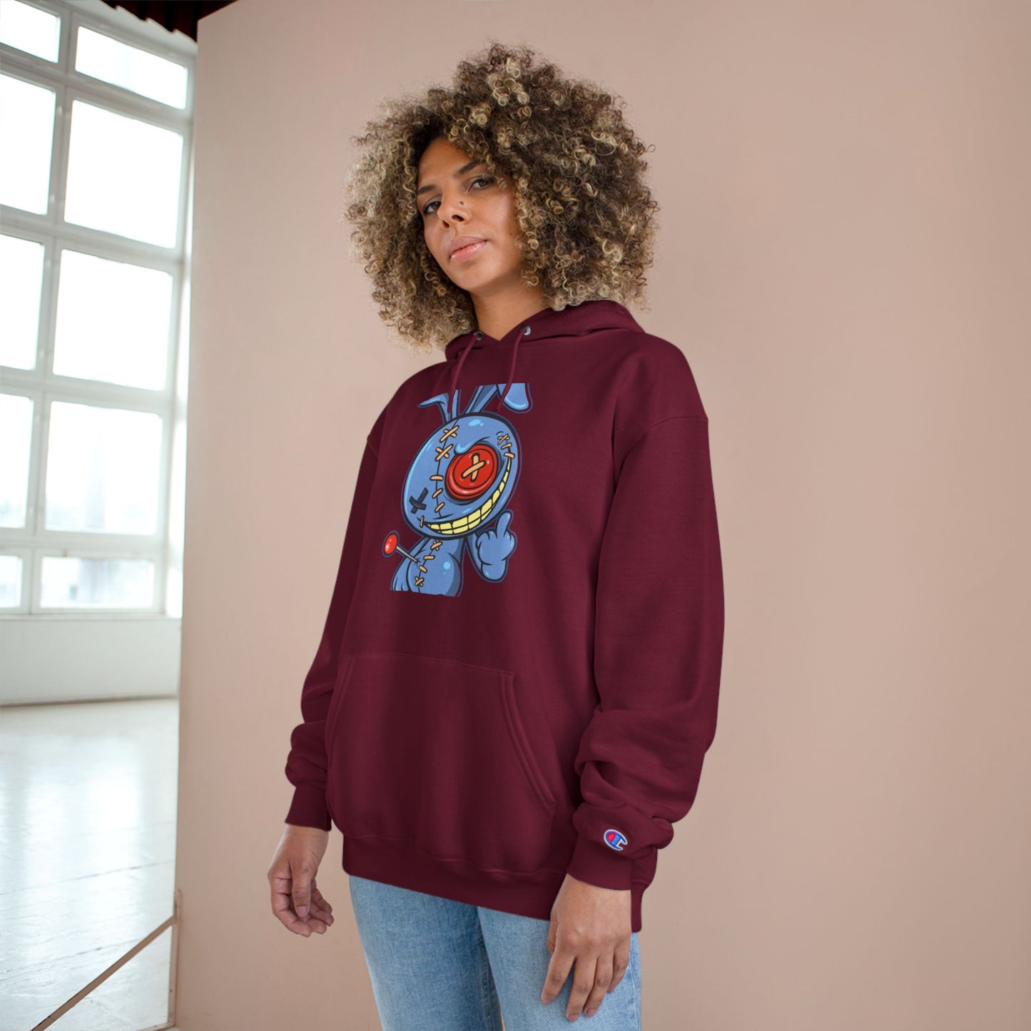 Whimsical Champion Hoodie with Unique Bunny Design
