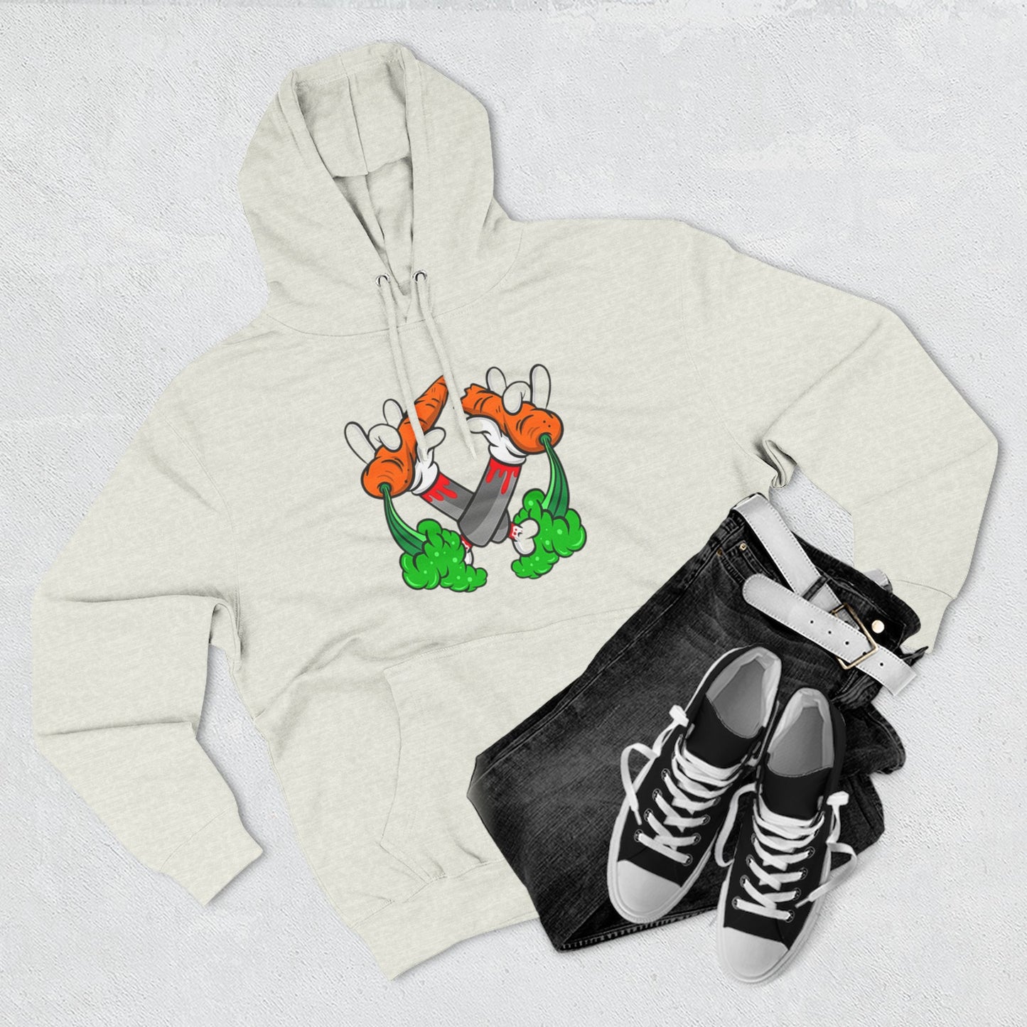 Stylish Three-Panel Fleece Hoodie with Vegetable Design