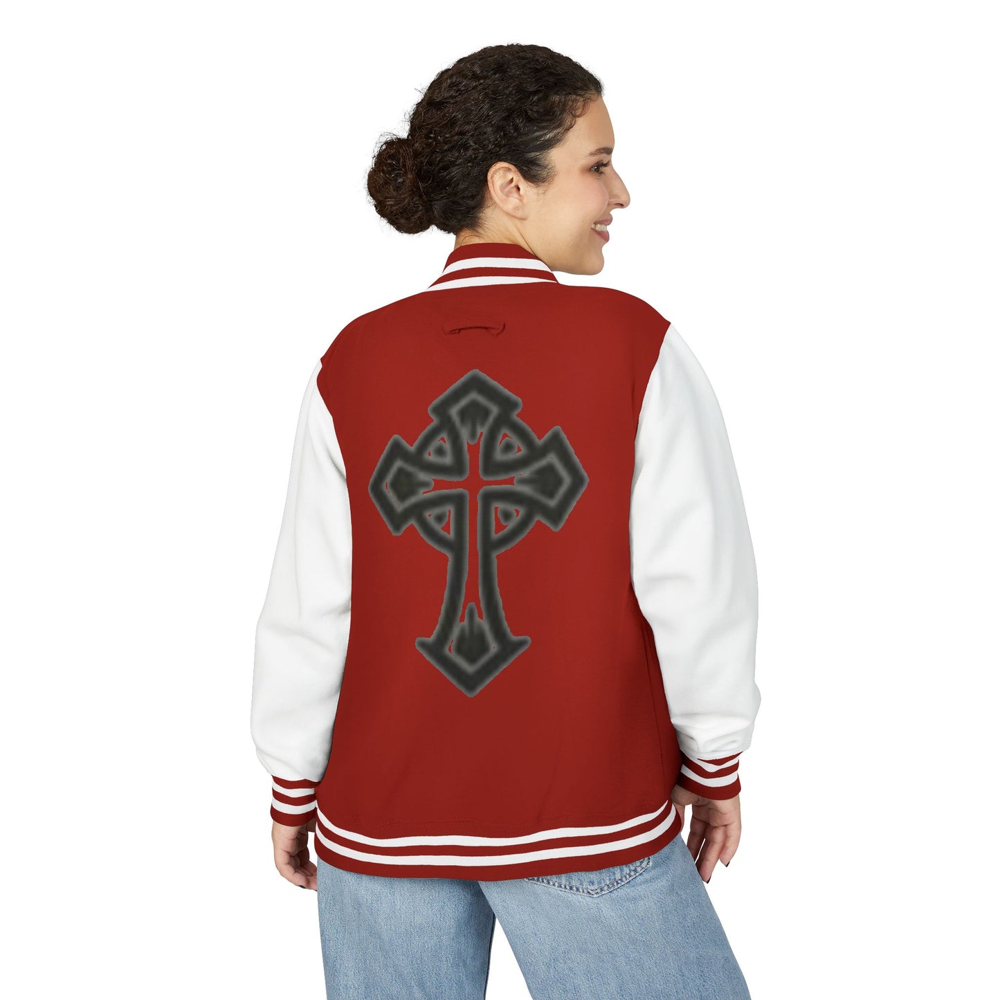 Unisex Heavyweight Letterman Jacket with Cross Design - Trendy Casual Outerwear for Fall