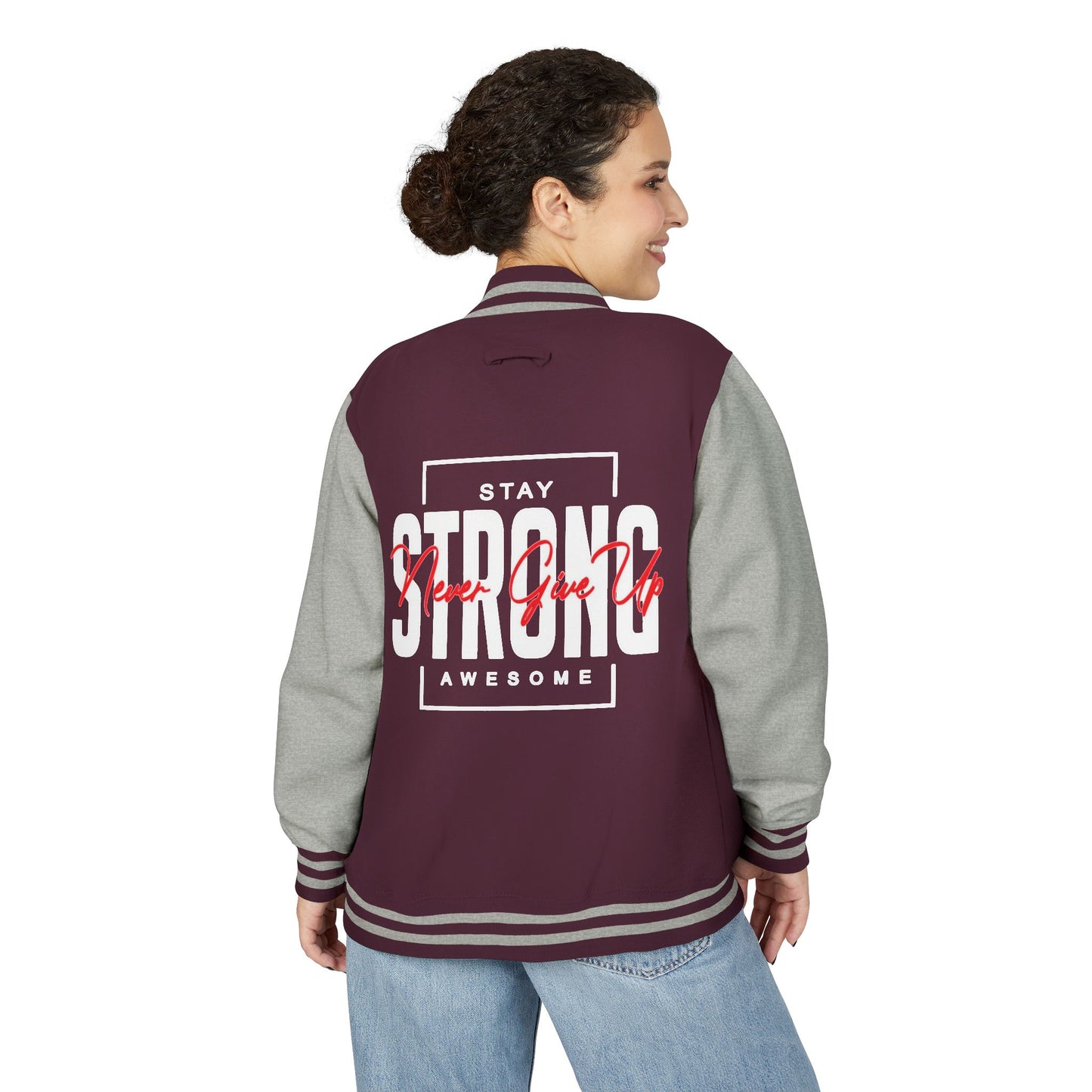 Unisex Heavyweight Letterman Jacket - Stay Strong, Never Give Up