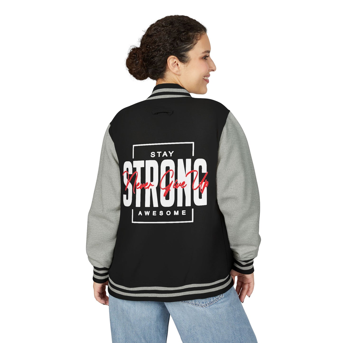 Unisex Heavyweight Letterman Jacket - Stay Strong, Never Give Up