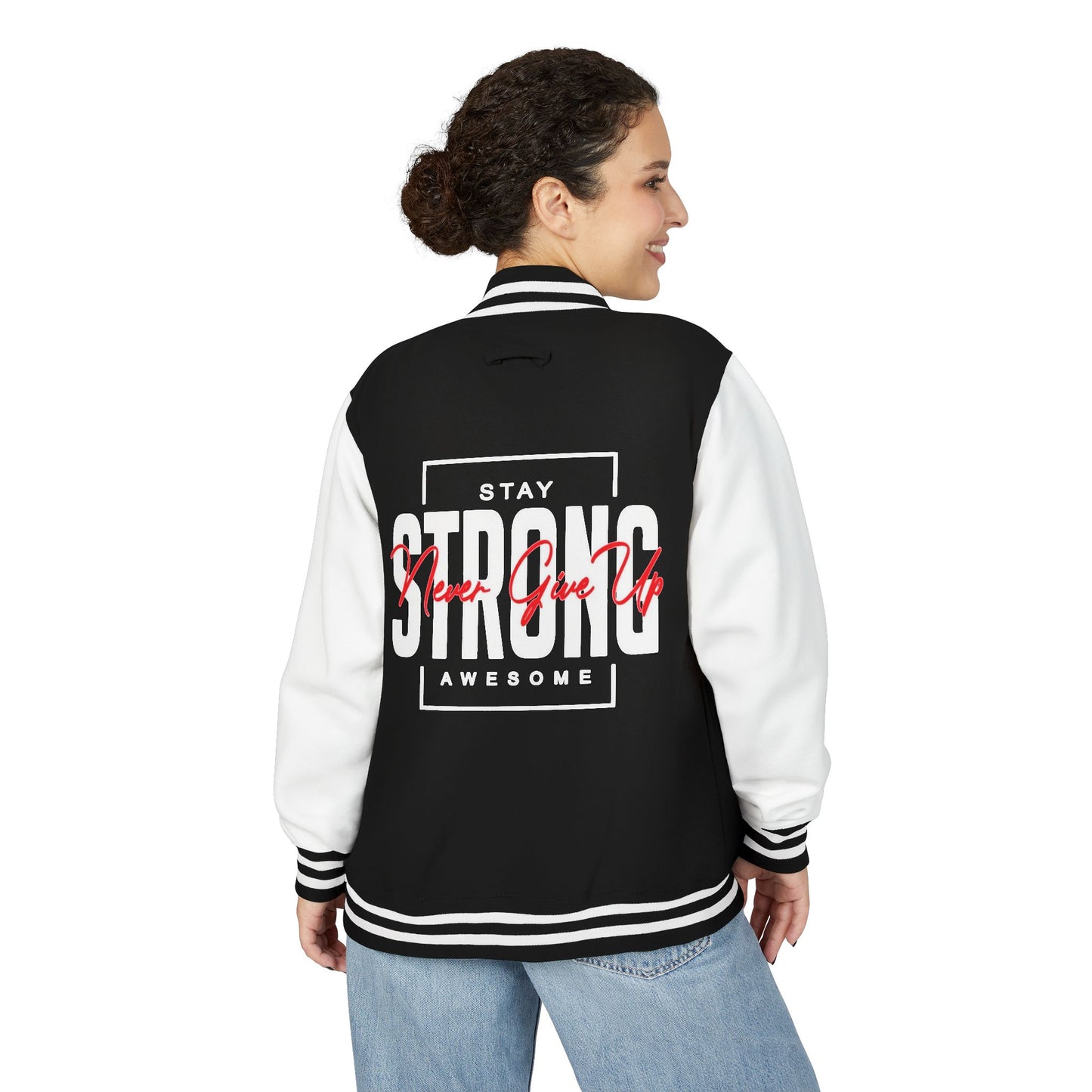 Unisex Heavyweight Letterman Jacket - Stay Strong, Never Give Up