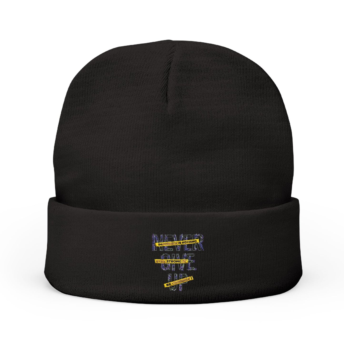 Embroidered Knit Beanie - Never Give Up Inspirational Hat