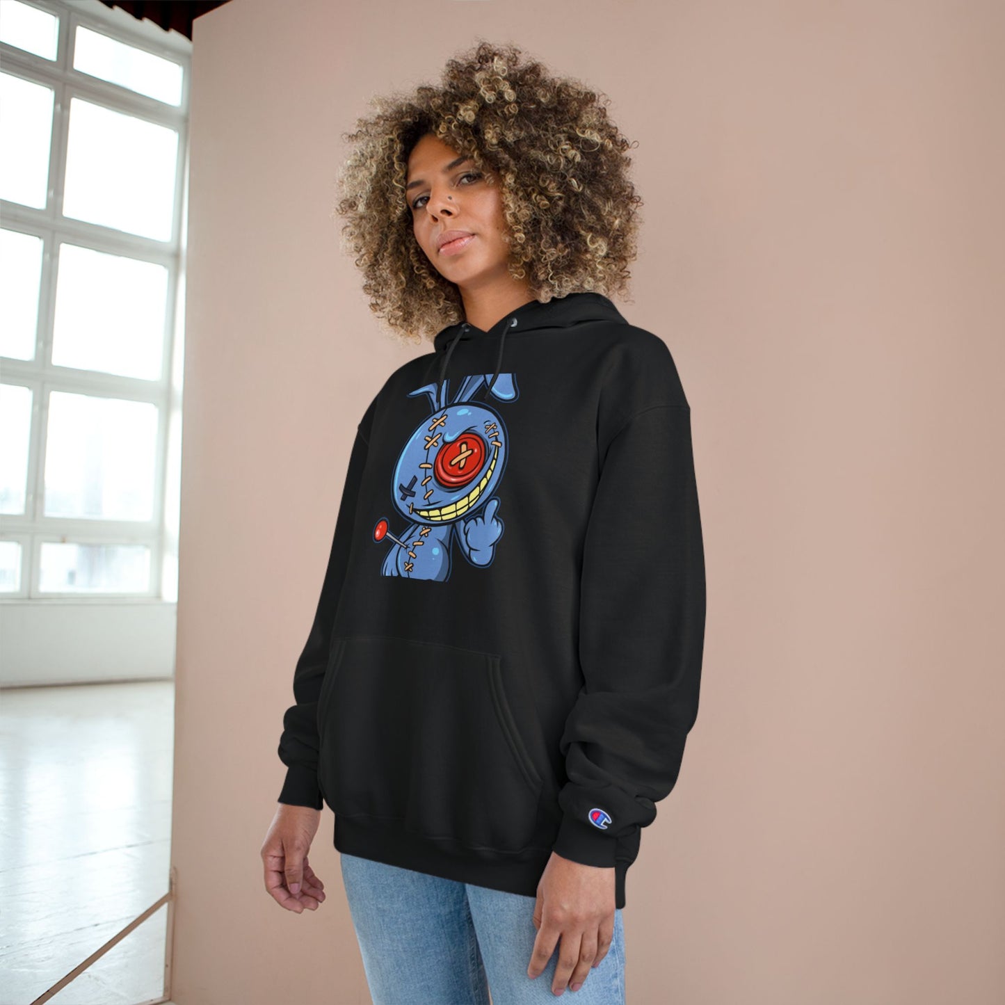 Whimsical Champion Hoodie with Unique Bunny Design