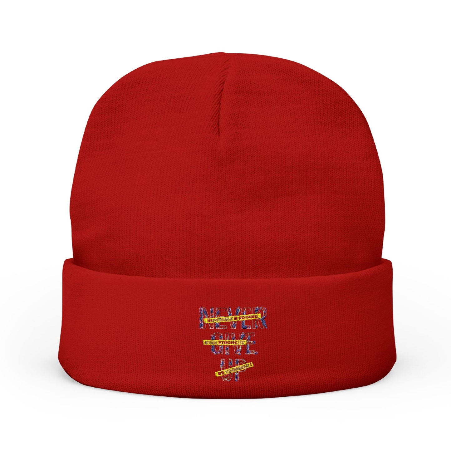 Embroidered Knit Beanie - Never Give Up Inspirational Hat