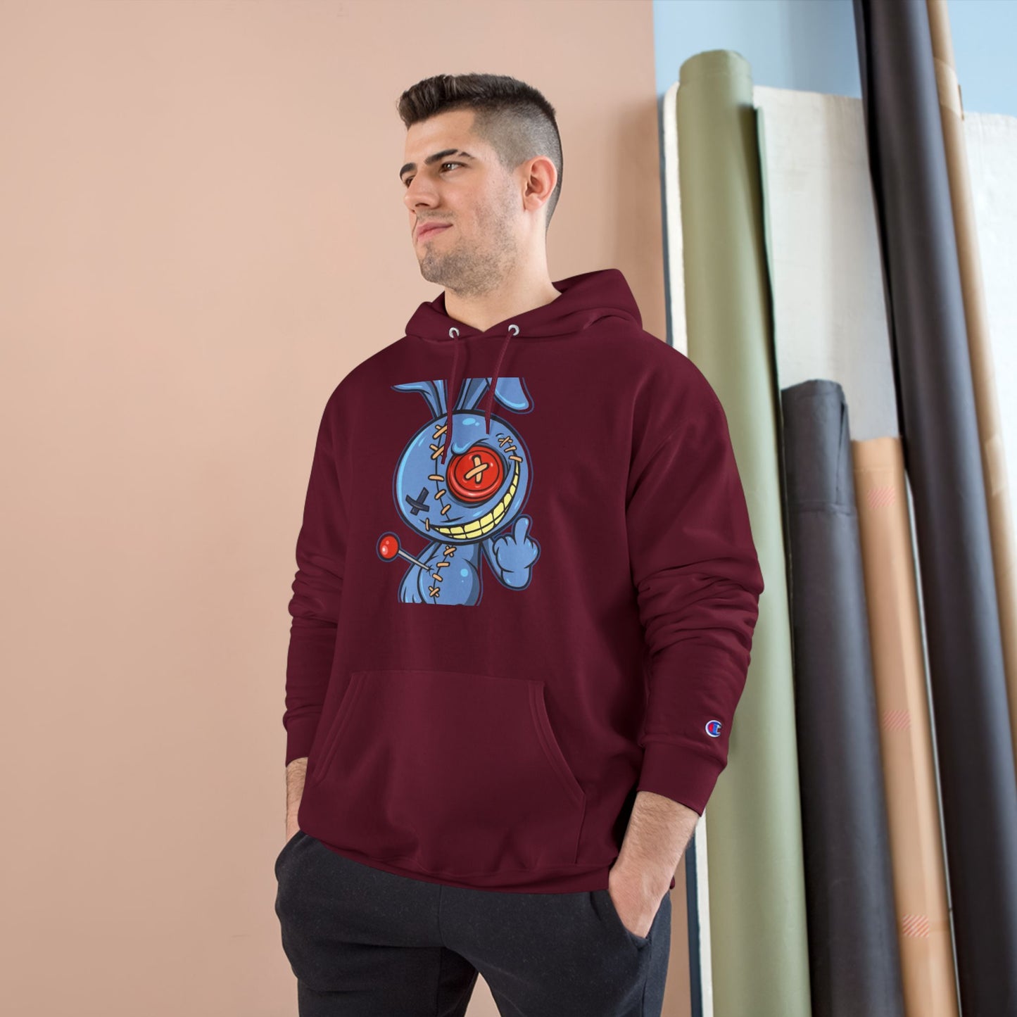 Whimsical Champion Hoodie with Unique Bunny Design
