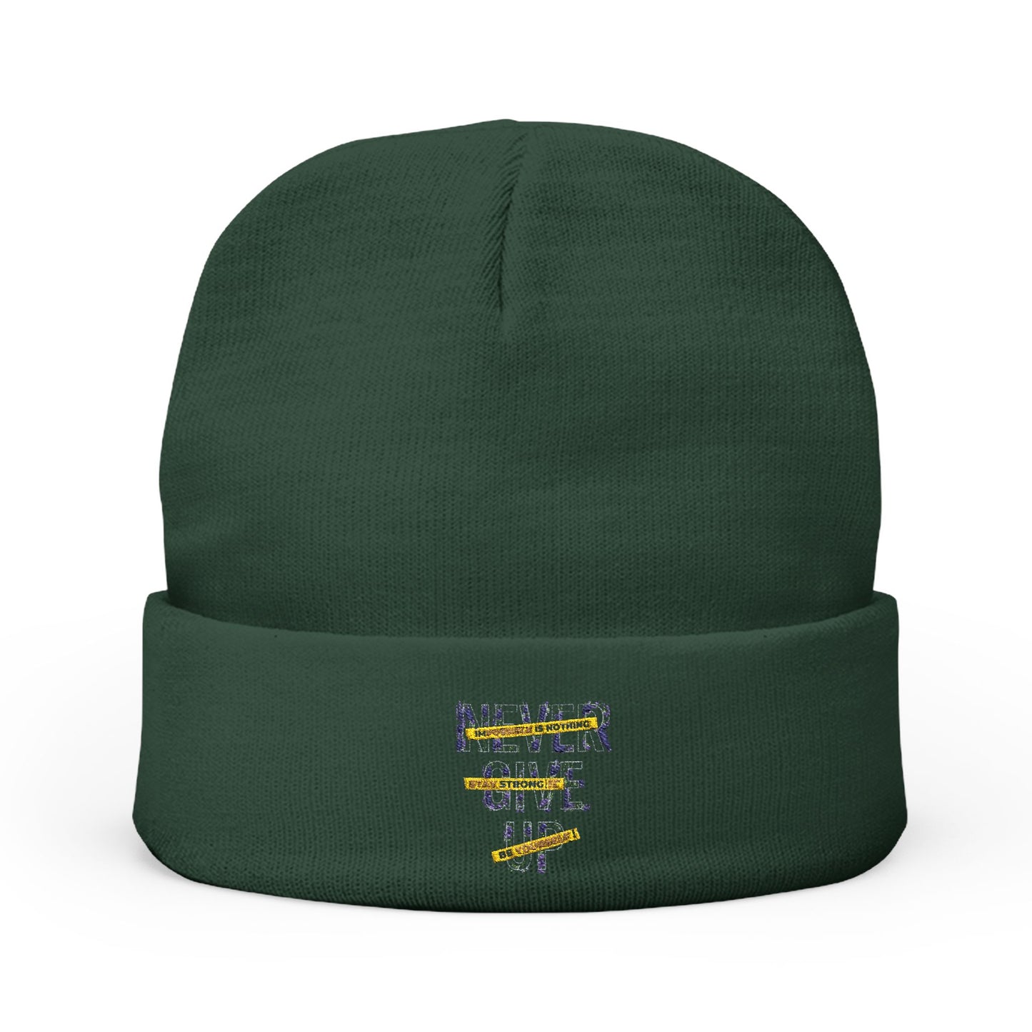 Embroidered Knit Beanie - Never Give Up Inspirational Hat