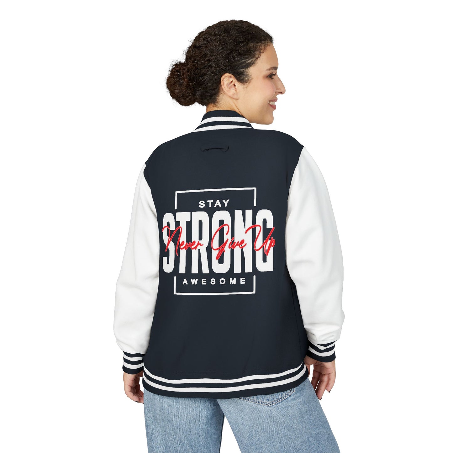 Unisex Heavyweight Letterman Jacket - Stay Strong, Never Give Up