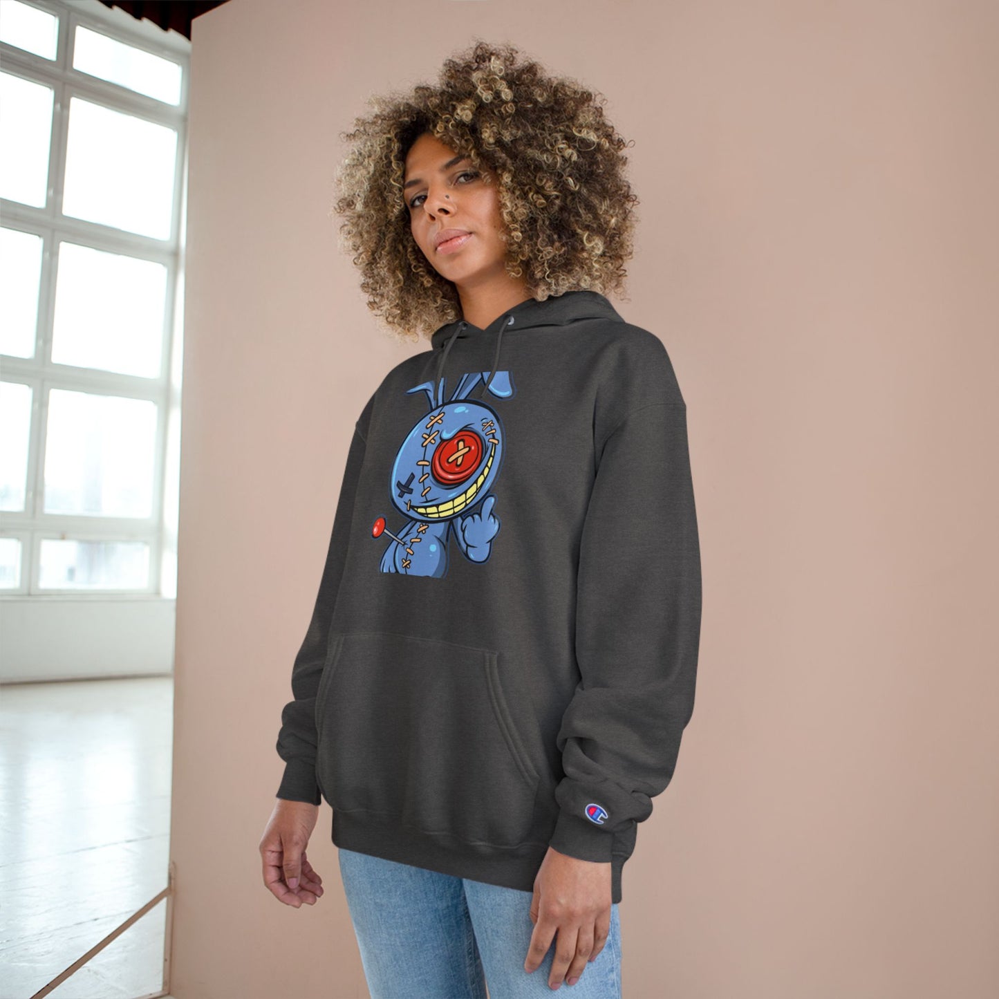Whimsical Champion Hoodie with Unique Bunny Design
