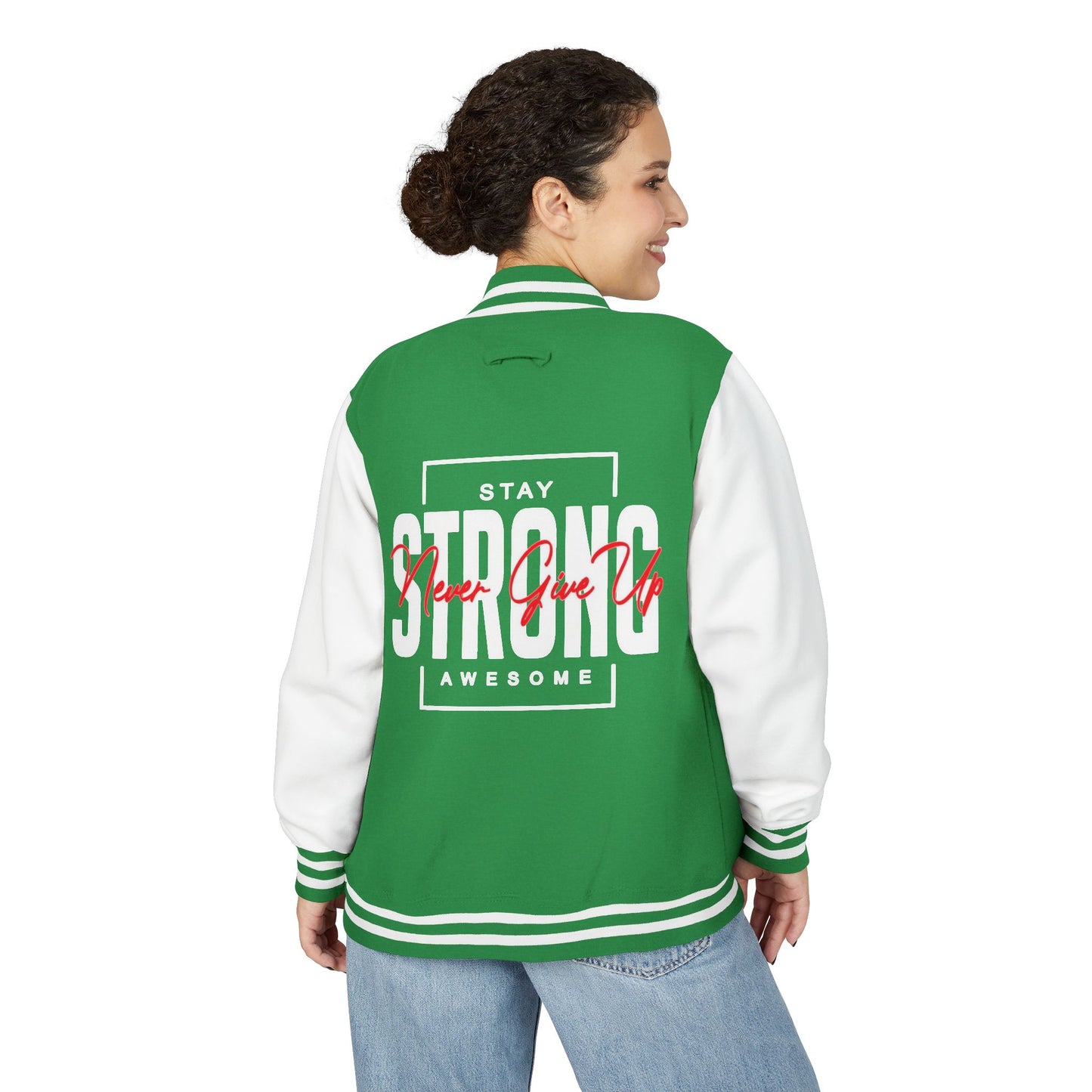 Unisex Heavyweight Letterman Jacket - Stay Strong, Never Give Up